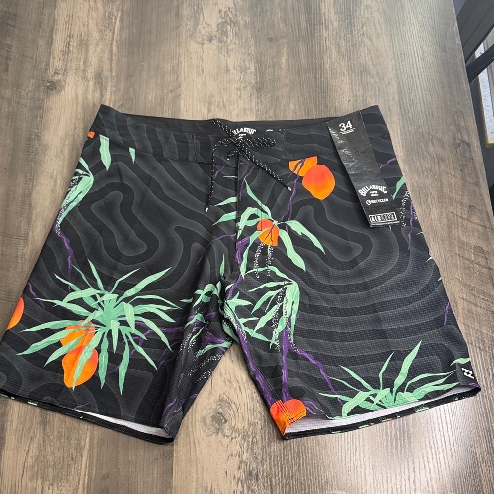 Billabong Black Board Shorts with Orange and Green Design